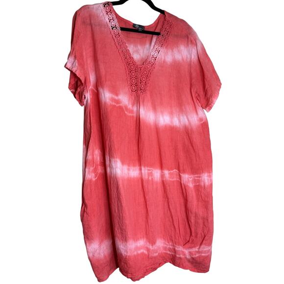 JM Italy Tunic Dress Womens XL Pink Linen Lace Beachy Coastal Vacation Cover up - Picture 1 of 12